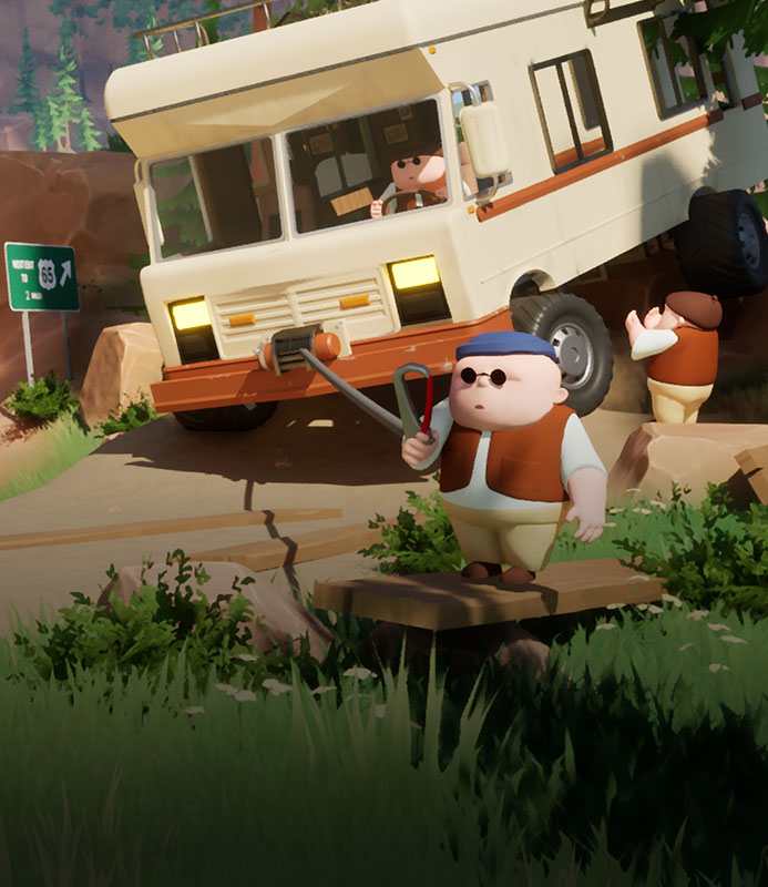 Art for RV There Yet featuring stylized characters, an RV, and a scenic desert canyon landscape with a river and fishing scene.