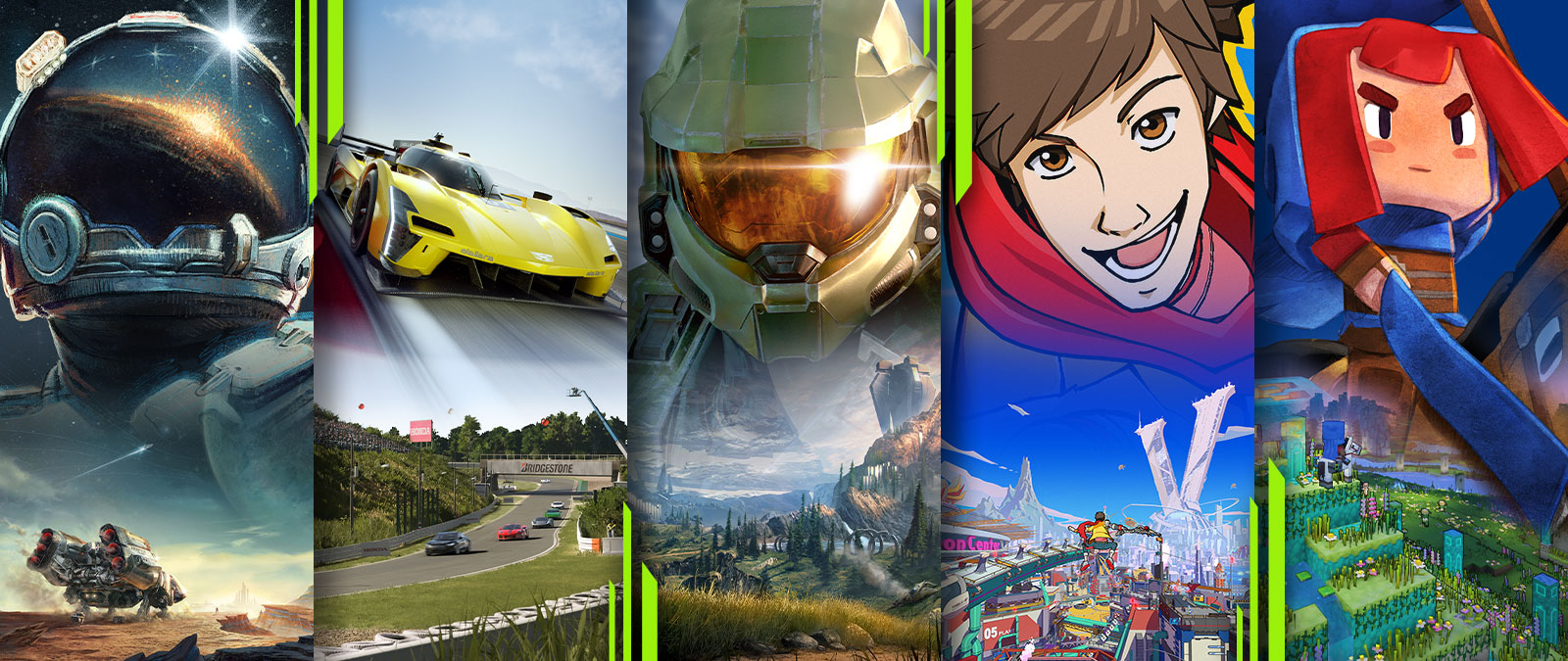 Kolaż z grami Starfield, Forza Motorsport, Minecraft Legends, Halo Infinite i Hi-Fi RUSH.