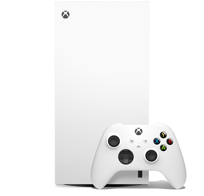 Front of Xbox Series X - 1TB Digital Edition (White) with an Xbox Wireless Controller