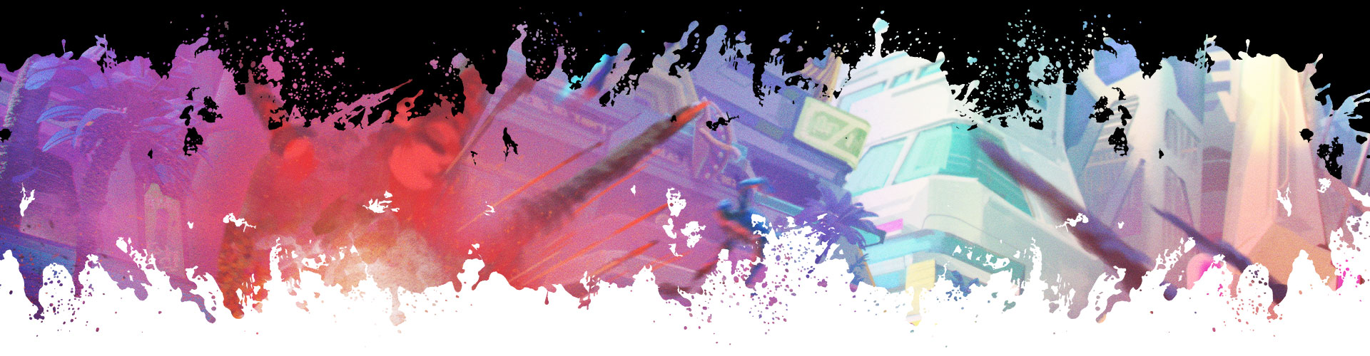 A colorful city depicted in splatter effects.