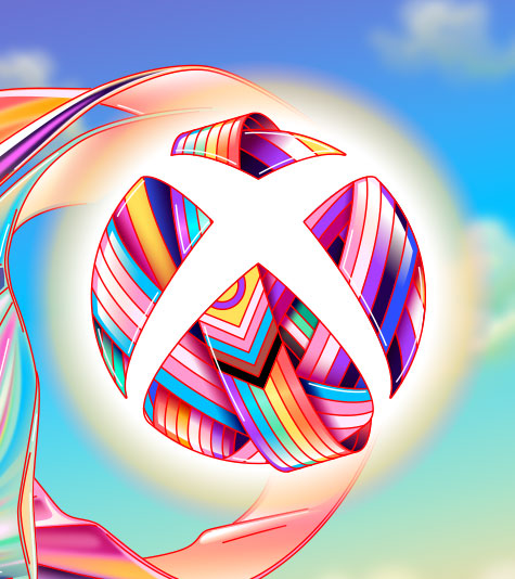 Xbox logo wrapped in a ribbon of Pride colors against a cloudy blue sky