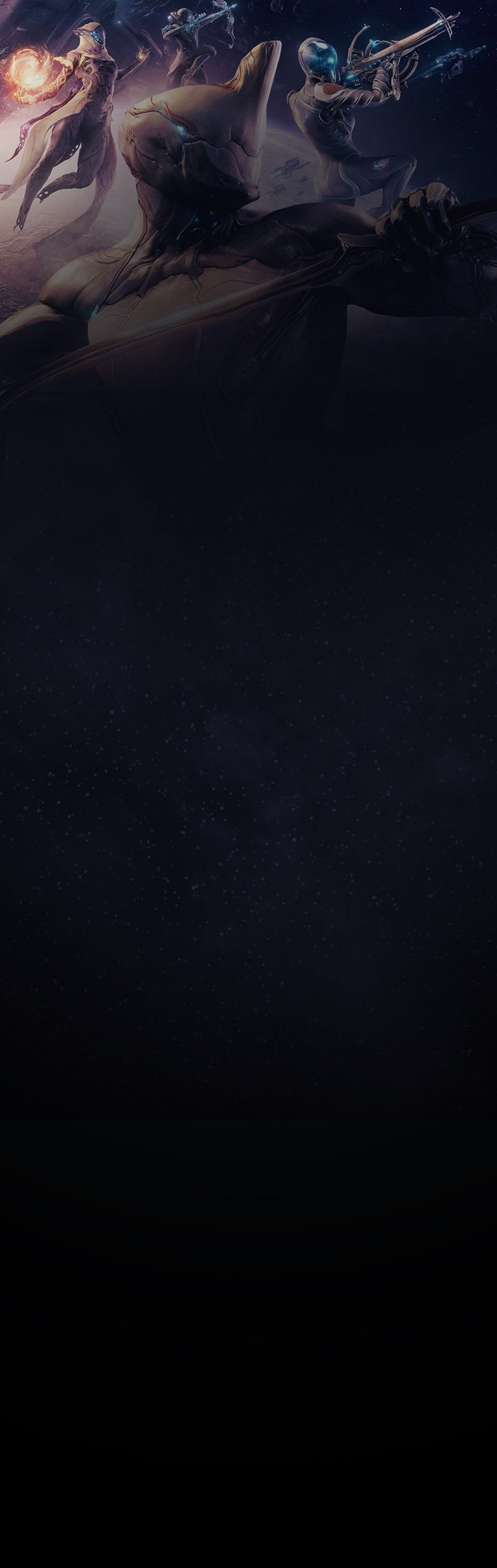 Four Warframes wielding weapons float in space.