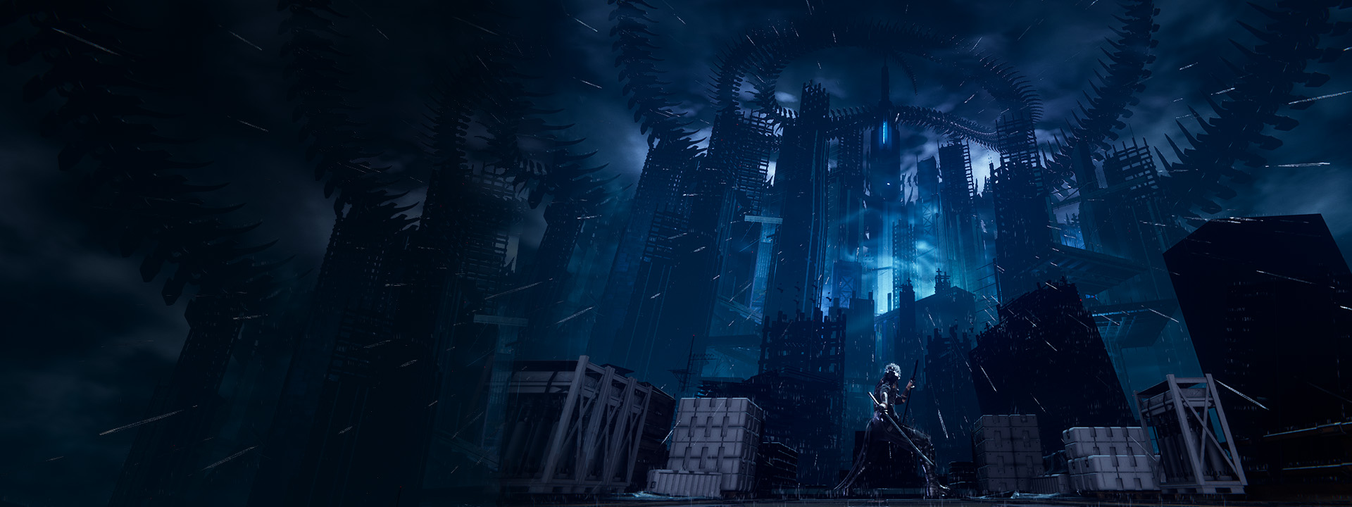 Un personaggio si avvicina a una città oscura e minacciosa con la spada sguainata.