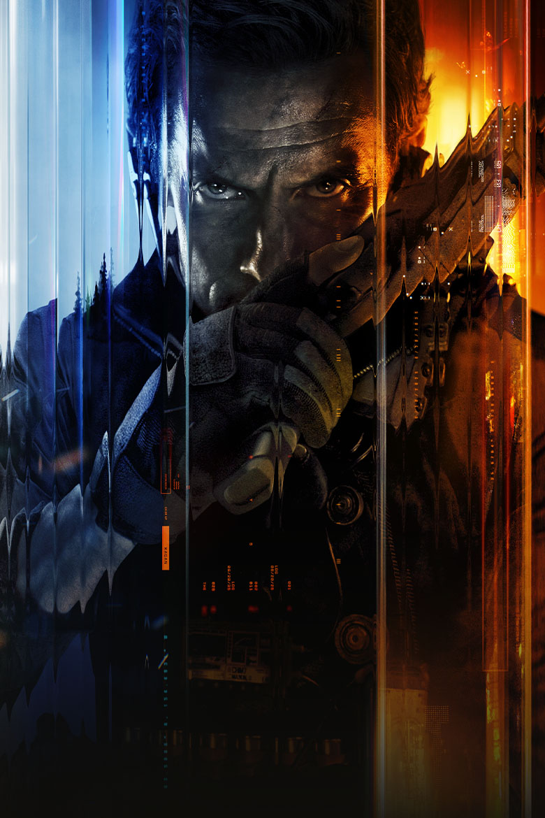 Call of Duty: Black Ops 7 logo, a man looking forward with a serious expression while holding a hand gun in front of his face. 