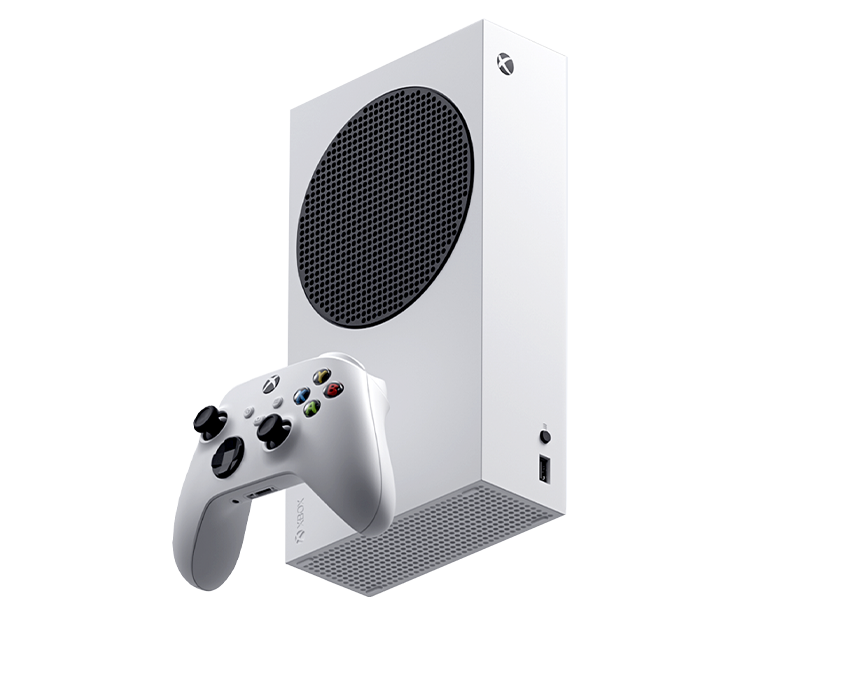 底部から見た Xbox Series S – 1TB (ロボット ホワイト) と Xbox ワイヤレス コントローラー (ロボット ホワイト)