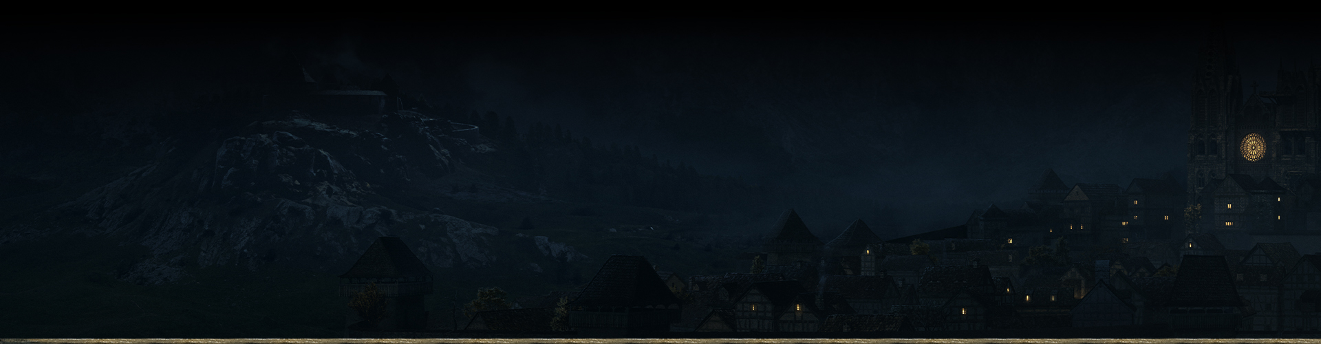 A medieval village at night illuminated by window light 