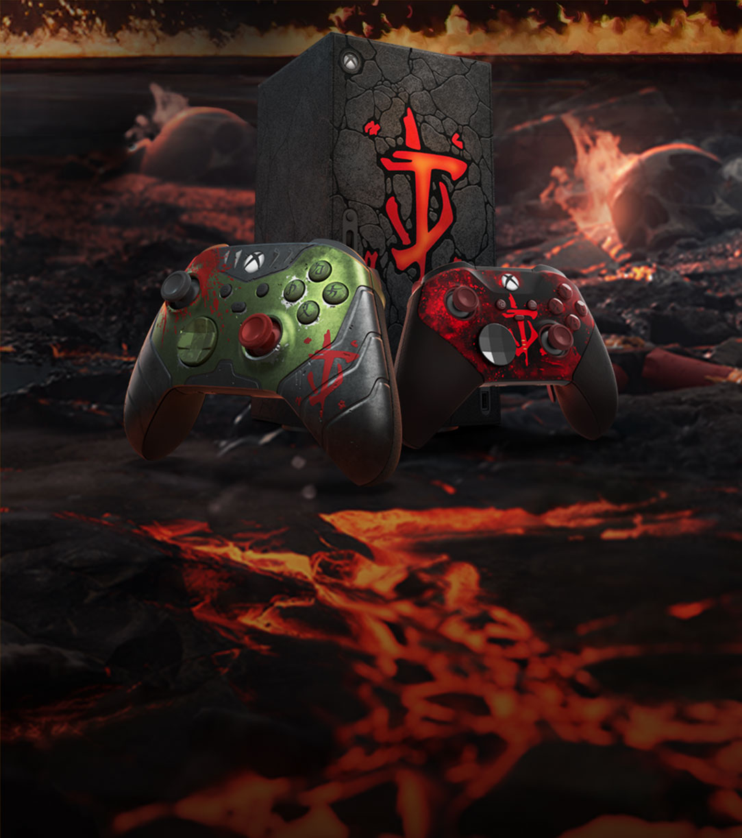 DOOM: The Dark Ages accessories on a lava background