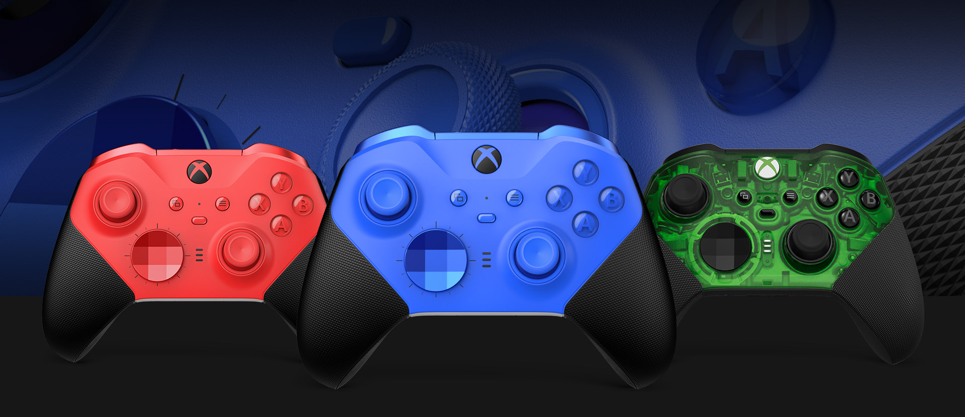 Front view of the Xbox Elite Wireless Controller Series 2 – Core (Blue) with other color options shown alongside. A close up of the controller thumbsticks and textured grip is in the background.