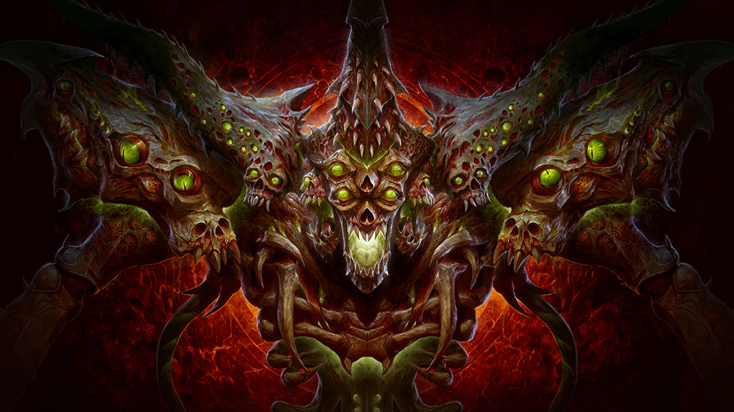 Belial, a demon covered in eyes, roars fiercely.