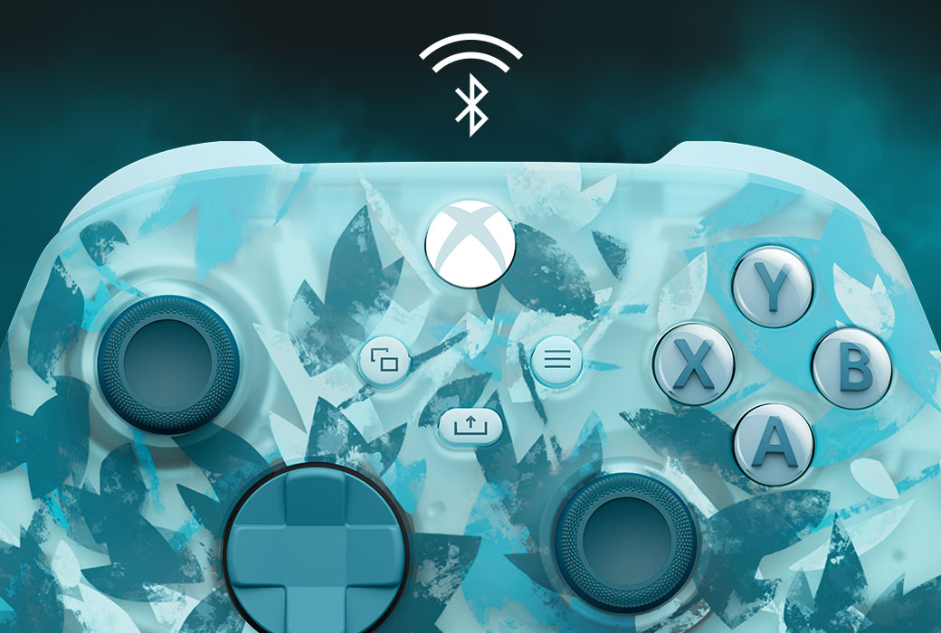 Close-up centered view of the Xbox Wireless Controller – Ice Breaker Special Edition featuring a Bluetooth logo