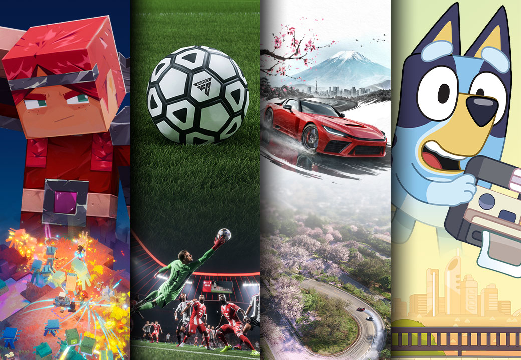 A selection of games available or coming soon with Game Pass including Minecraft Dungeons II, EA SPORTS FC 26, Forza Horizon 6, and Bluey's Happy Snaps.