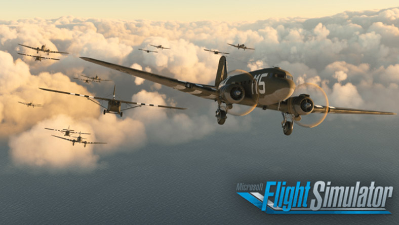 Microsoft Flight Simulator logo, a group of fighter planes flying over the clouds. 