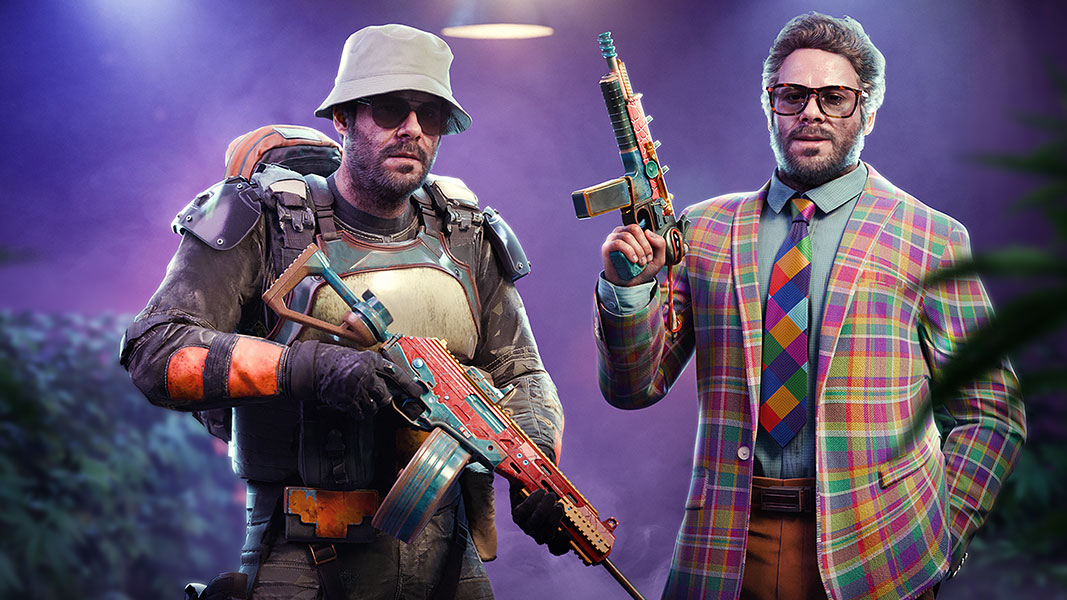 A skin of Seth Rogen wearing a colorful suit next to another skin of him in military gear.