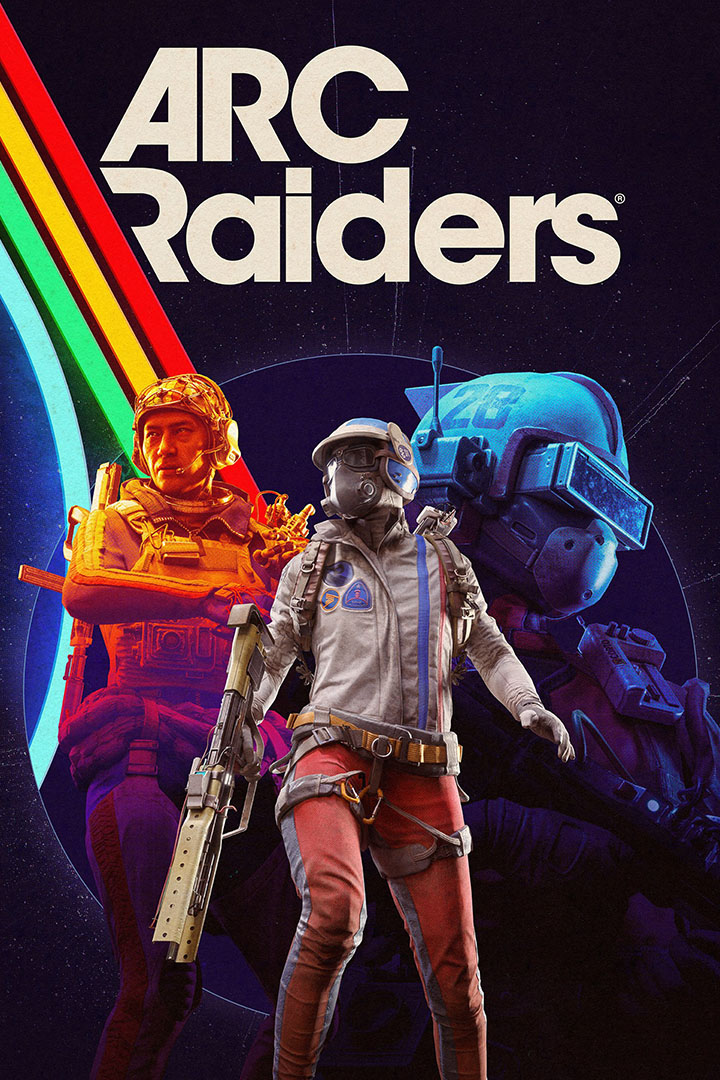 ARC Raiders logo, three Raiders shaded in the game’s signature colors, standing against a stylized background with bold teal and orange tones 