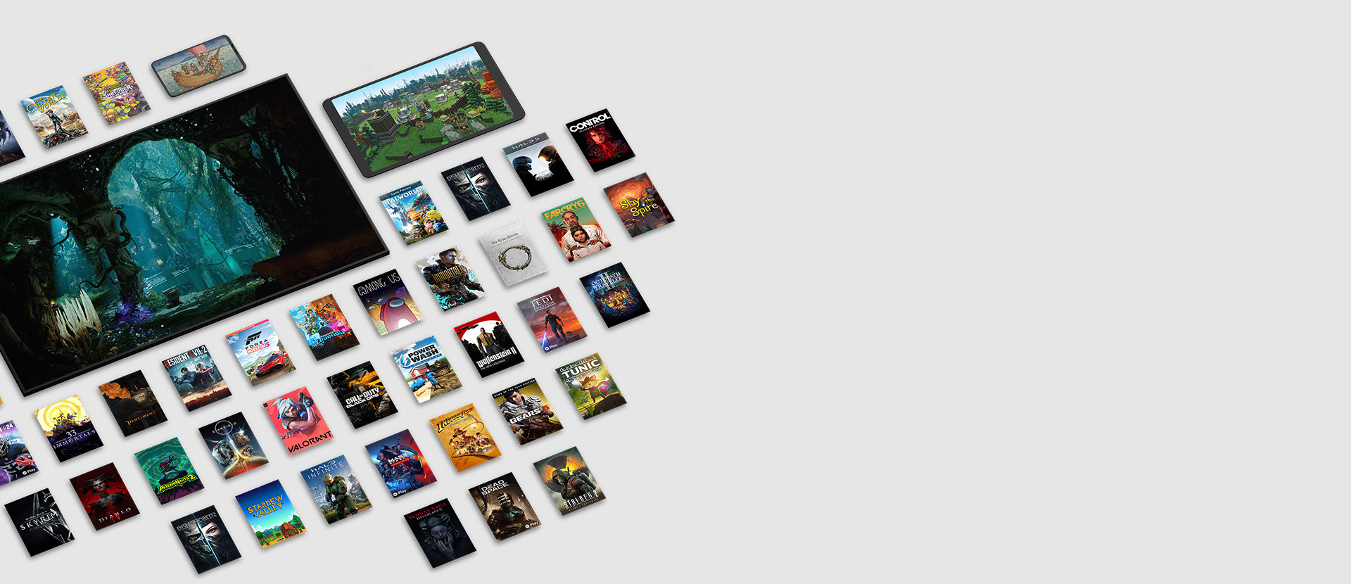Immagini delle confezioni di diversi giochi disponibili con Game Pass Ultimate, circondati da un telefono cellulare, un tablet e un TV