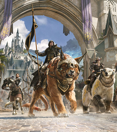 Three armored warriors exit city gates riding on beasts while townspeople look on