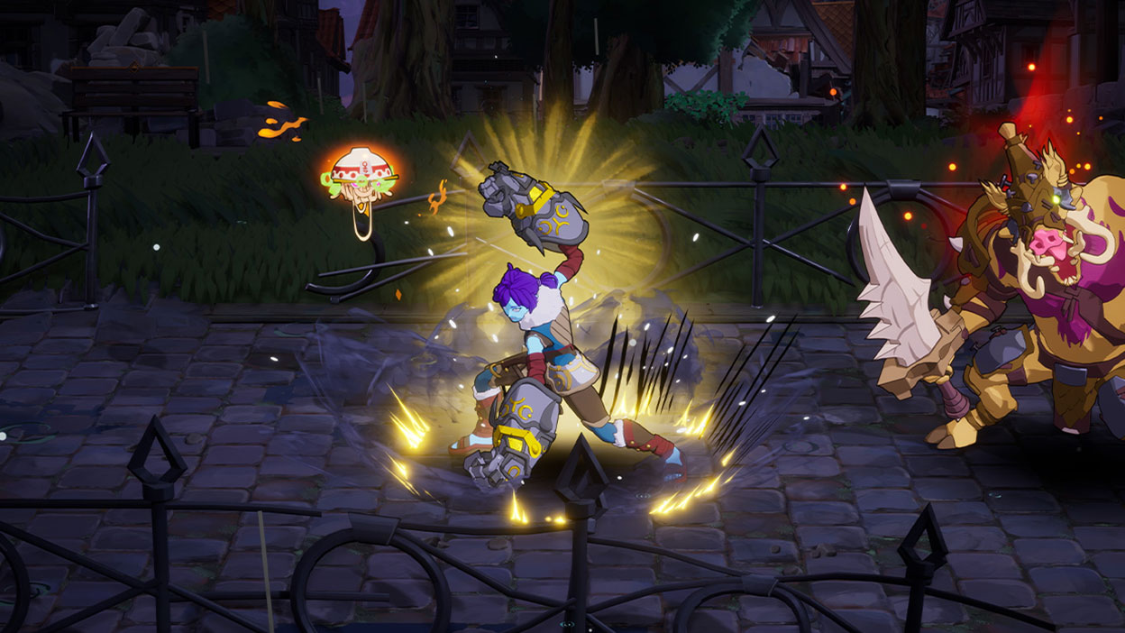 Na ciemnym dziedzińcu As przywołuje swoją moc z efektem błyskawicy.