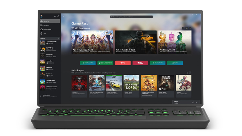 Schermopname van de Xbox-app op een Windows-pc met de Game Pass-catalogus