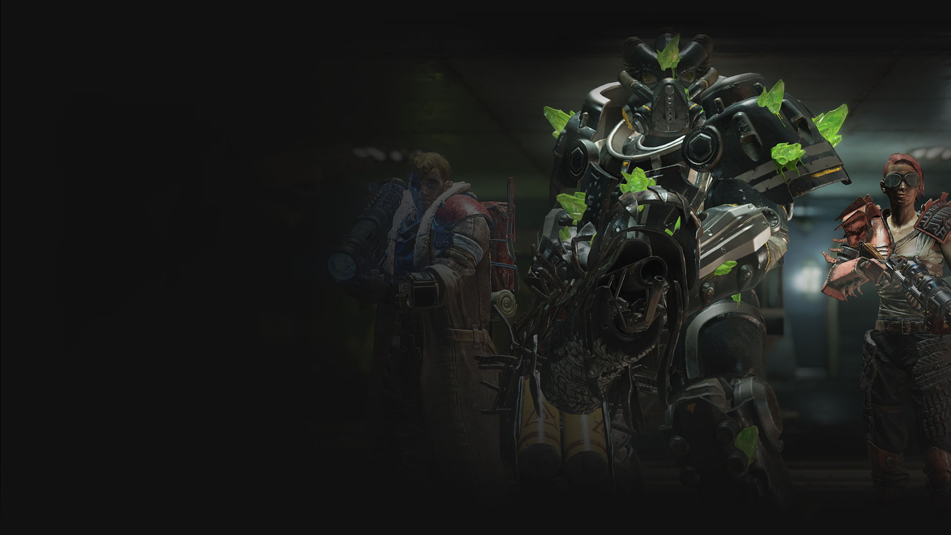 Fallout 76: Gleaming Depths, two characters with large weapons surround a player in Power Armor covered in radioactive Ultracite