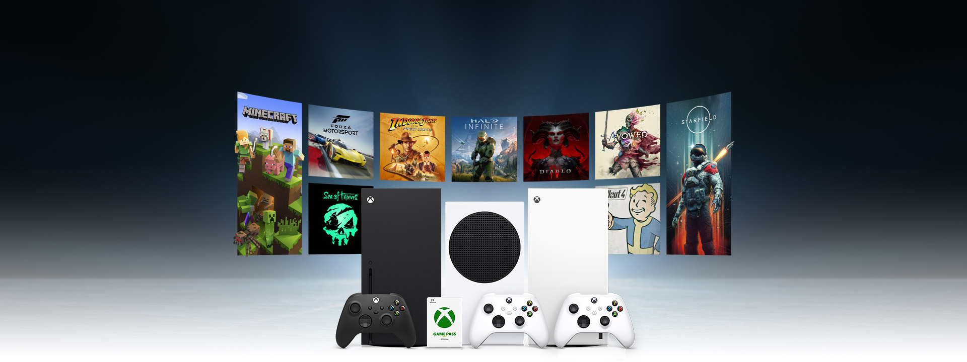 Xbox All Access, Xbox Series X, Xbox Series X: 1 TB todo digital y Xbox Series S con imágenes de la caja de juegos para Xbox.