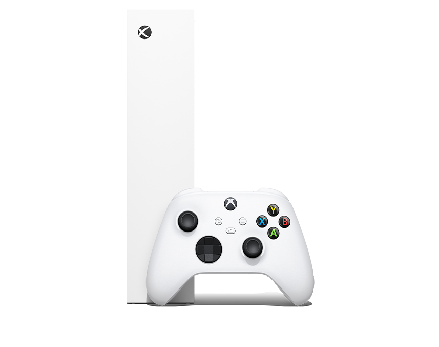 Vista del panel lateral de Xbox Series S: 1 TB Robot White y Control inalámbrico Xbox: Robot White