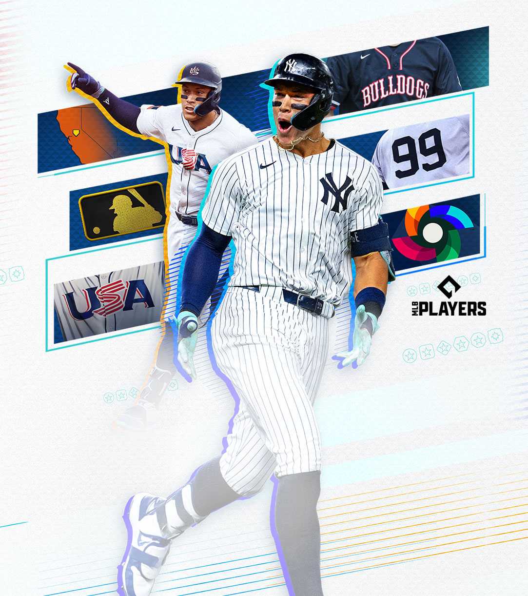 Ein Baseball-Spieler in einer Nadelstreifenuniform von New York mit einem Schläger, zu sehen in einer dynamischen Collage aus Baseball-Ikonografie