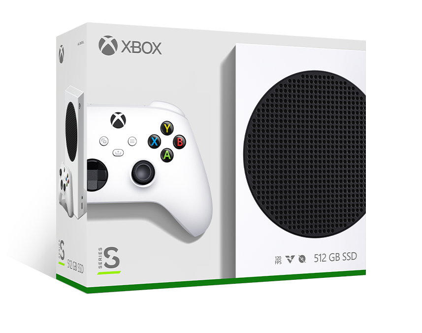 Xbox Series S – 512GB 搭載 (ロボット ホワイト) と Xbox ワイヤレス コントローラー (ロボット ホワイト) のボックス