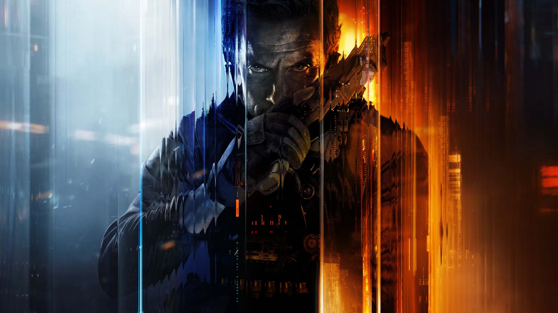 A man looking forward with a serious expression while holding a hand gun in front of his face.