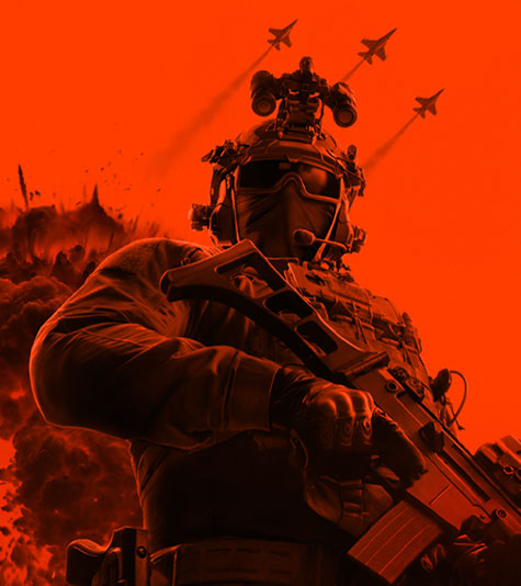 Battlefield 6, an armed soldier against a red background looks downward with an explosion behind him and aircraft flying overhead