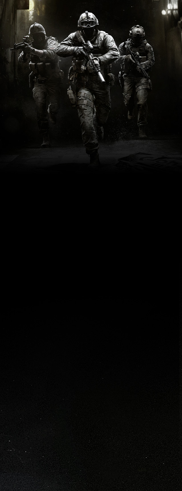 Three soldiers wearing modern body armor advance through a dark alley.