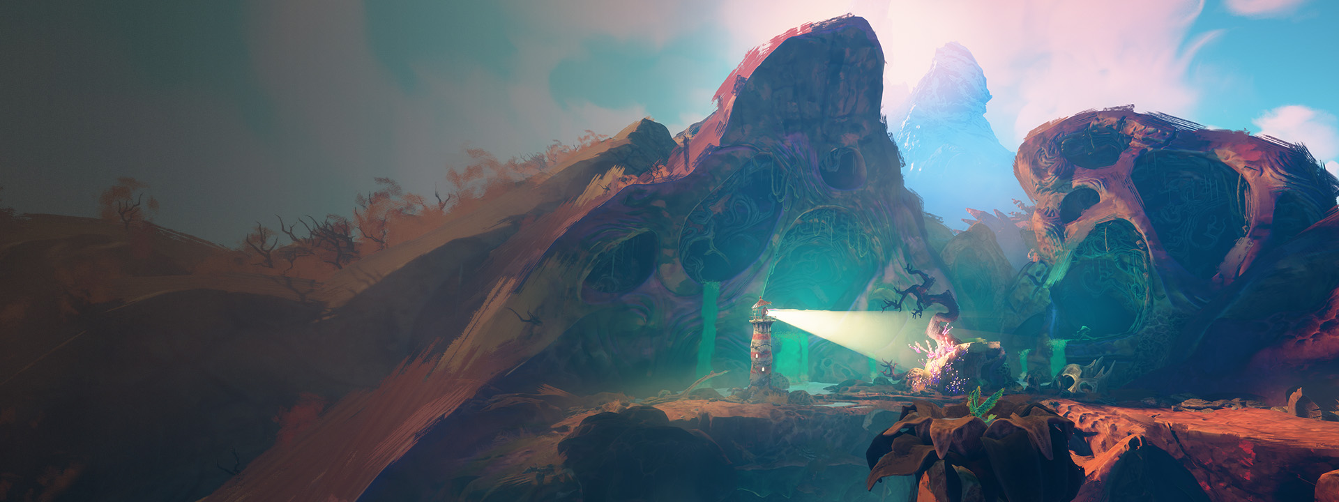 Au loin, le phare éclaire un petit arbre dans une alcôve.