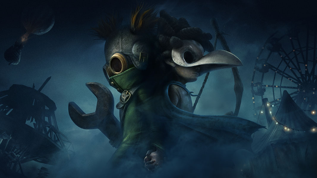 Characters Low and Alone stand back to back in a dark and gloomy scene