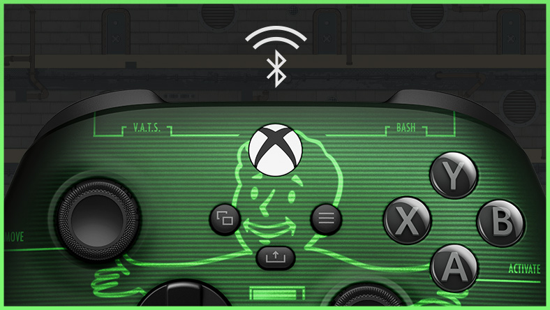 Detailed view of the top half of Xbox Elite Wireless Controller Series 2 –  Fallout Pip-Boy and a Bluetooth technology  logo