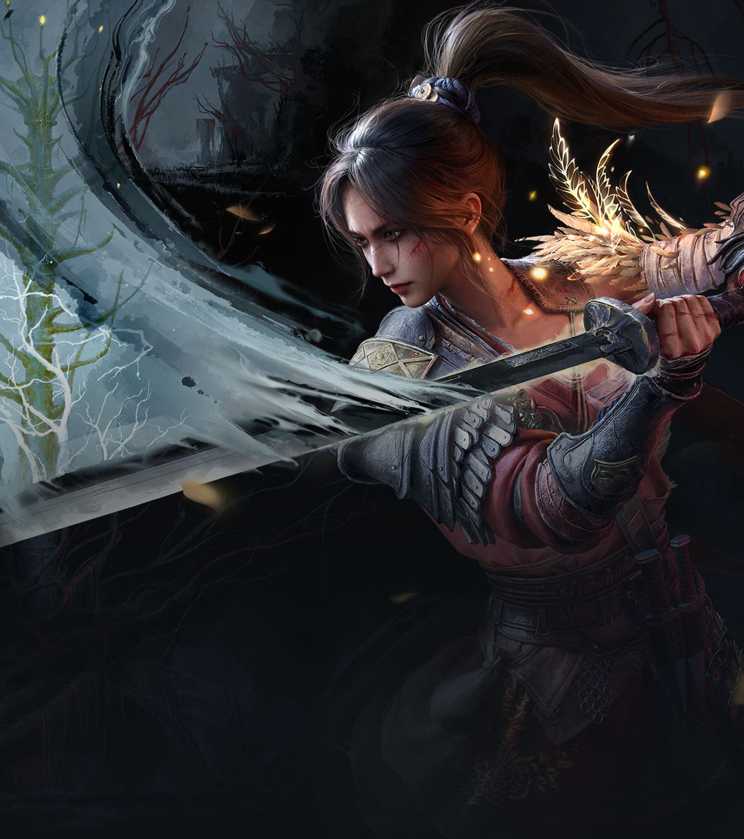 WUCHANG: Fallen Feathers, a woman warrior slashing a sword through the air. 