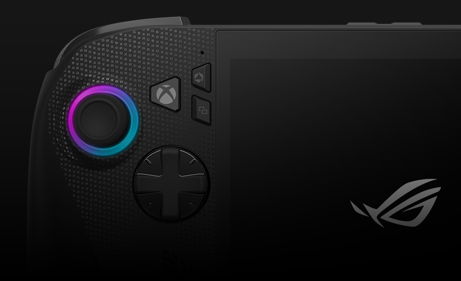 ROG Xbox Ally X 上带 Game Bar UI 的 Xbox 按钮特写视图