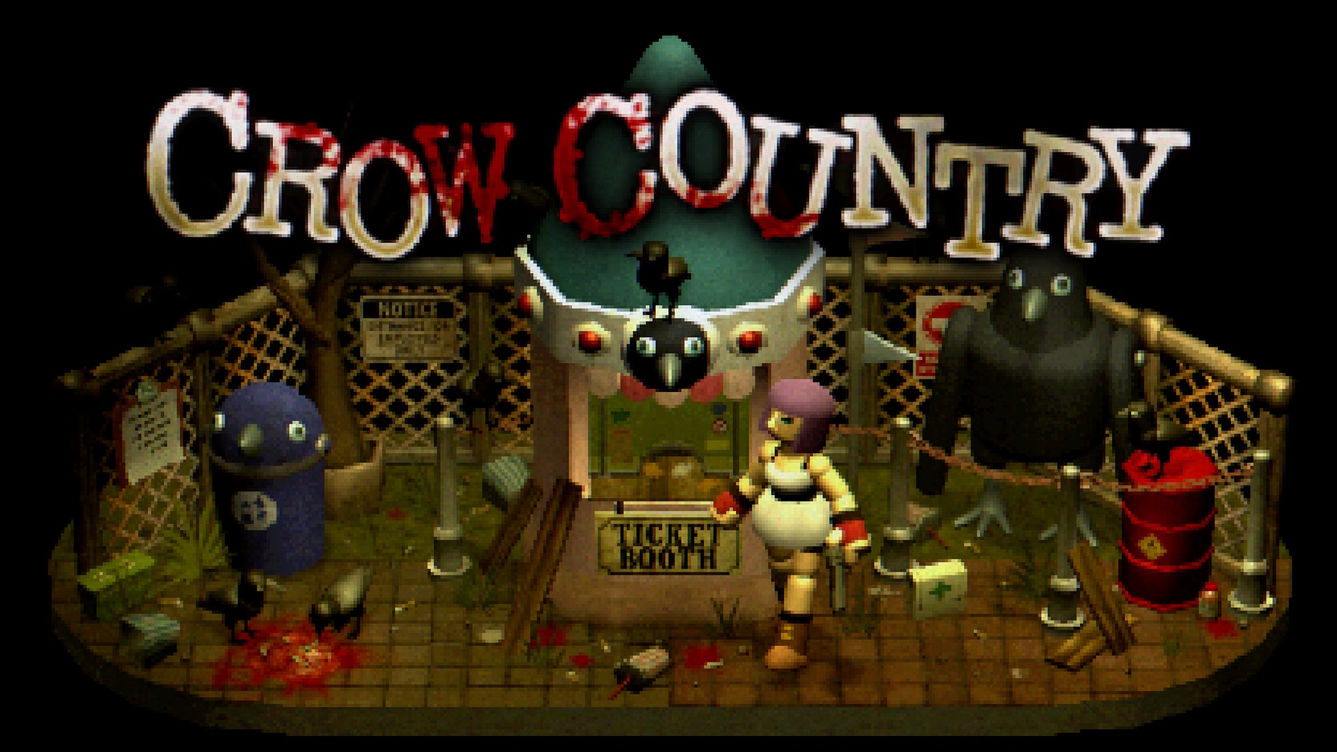 Crow Country logo, a figure with purple hair standing outside of a decrepit ticket booth with a giant crow figure behind her and various crows scavenging near a crow shaped trash can.