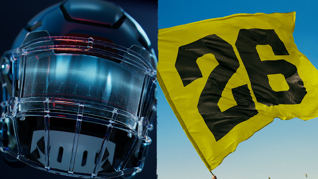 A collage of two images, including a blue futuristic football helmet and a yellow flag with the number 26.