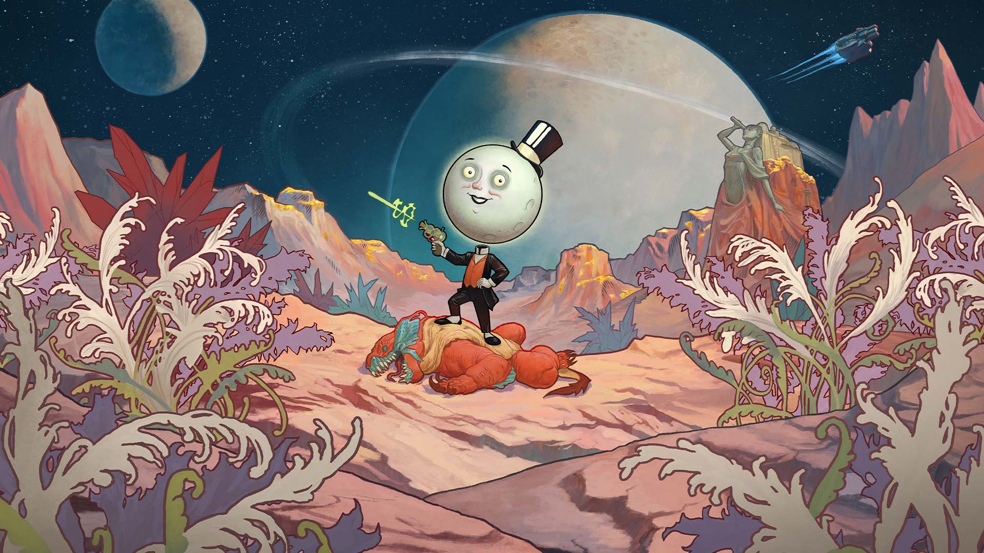 The Moon man standing on a monster while shooting a laser with large planets orbiting in the background.