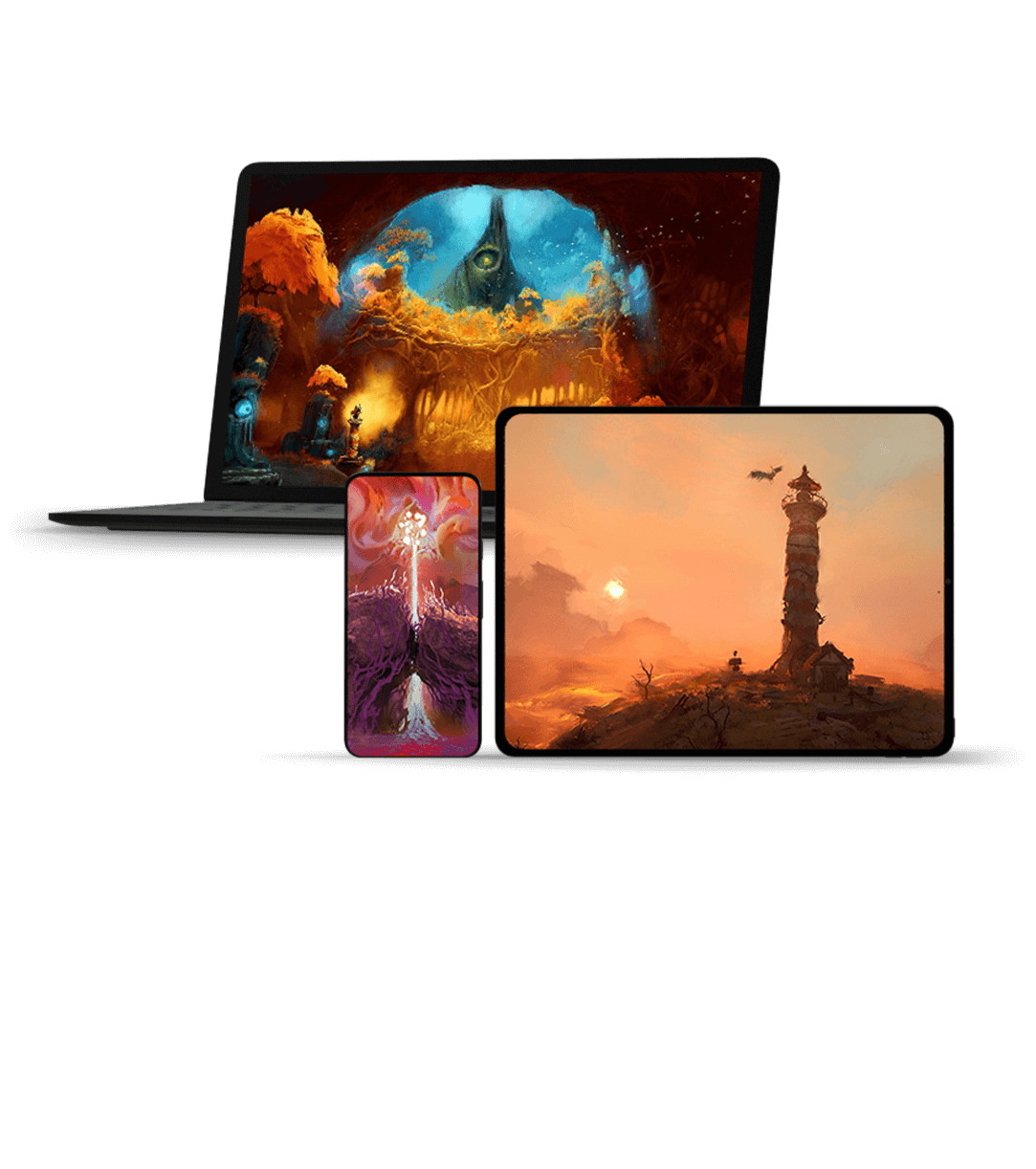 vue de face de trois écrans différents montrant le gameplay de Keeper