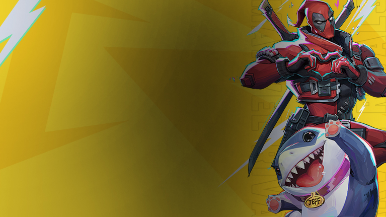 Deadpool forme un cœur avec ses doigts tandis que Jeff le Requin agite ses bras.