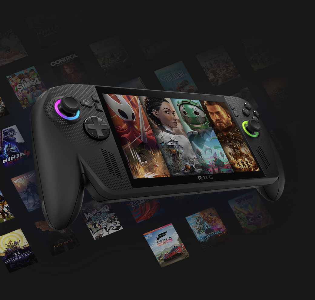 ROG Xbox Ally X displaying Hollow Knight silk song, South of Midnight, No Man’s Sky, and Gears tactic