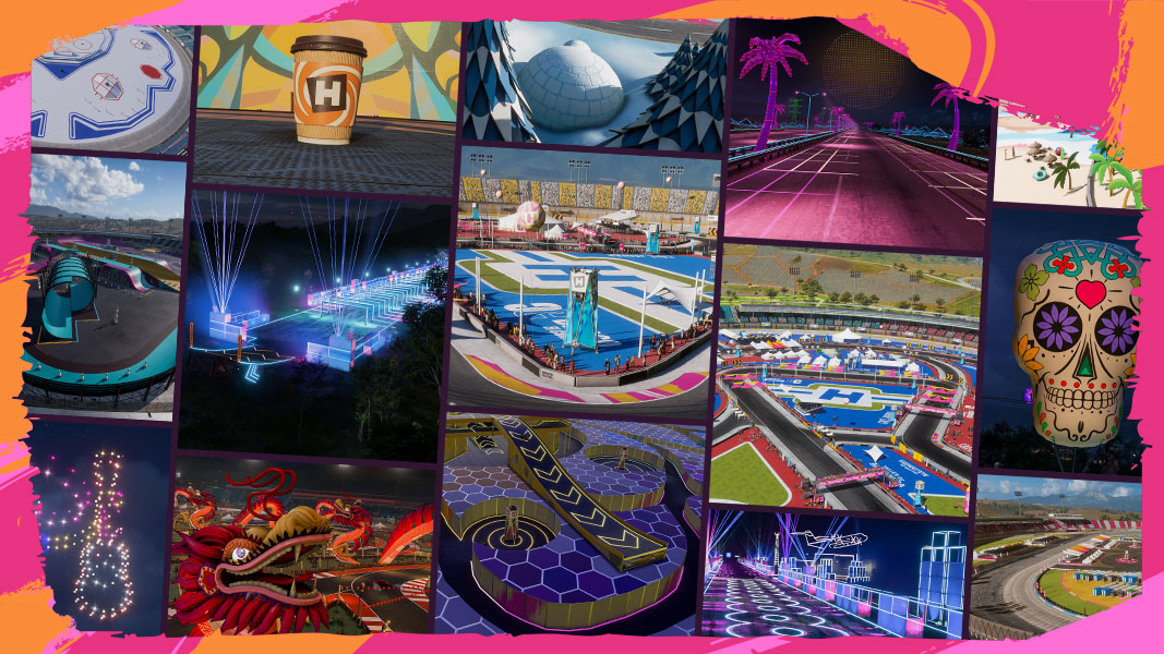 A collage of different courses and themed images from Forza Horizon 5 - Horizon Realms. 