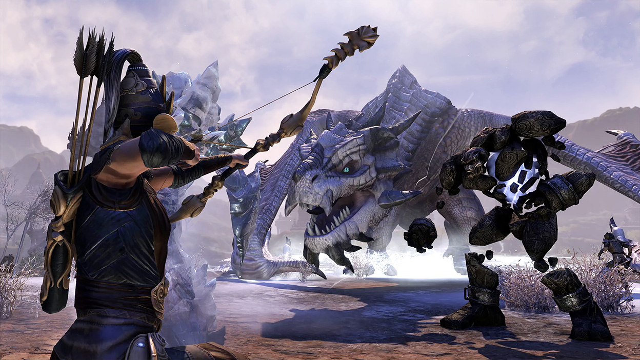 A figure aims a bow and arrow towards a giant icy dragon, while a stone giant stands to the side. 