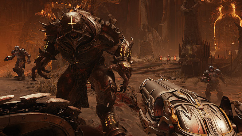 Armored enemies covered in glowing runes protect the burning gates of hell.