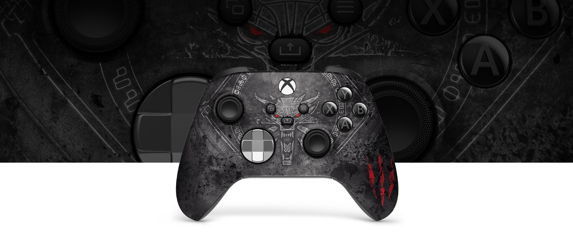 The front of the Xbox Wireless Controller – The Witcher 3 10th Anniversary Special Edition with a closeup of the controller in the background. 