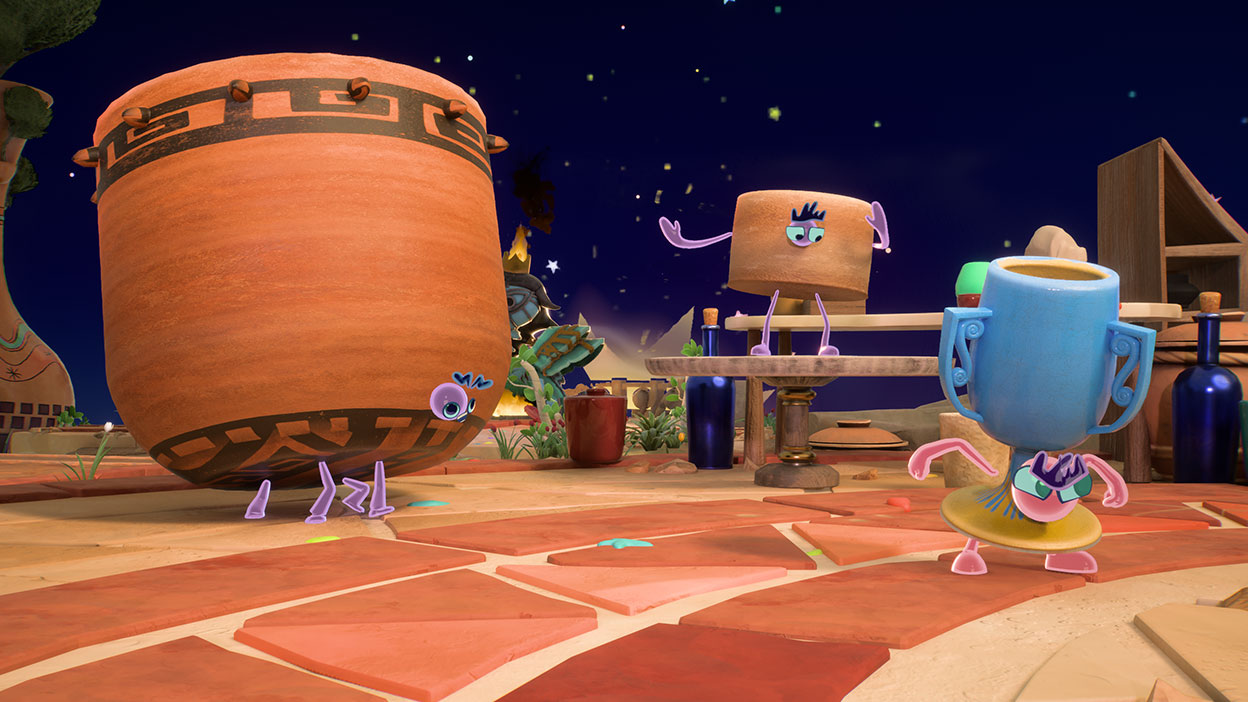 A small clay pot stands on a table talking to an angry blue clay goblet, while a large clay pot looks on in surprise.