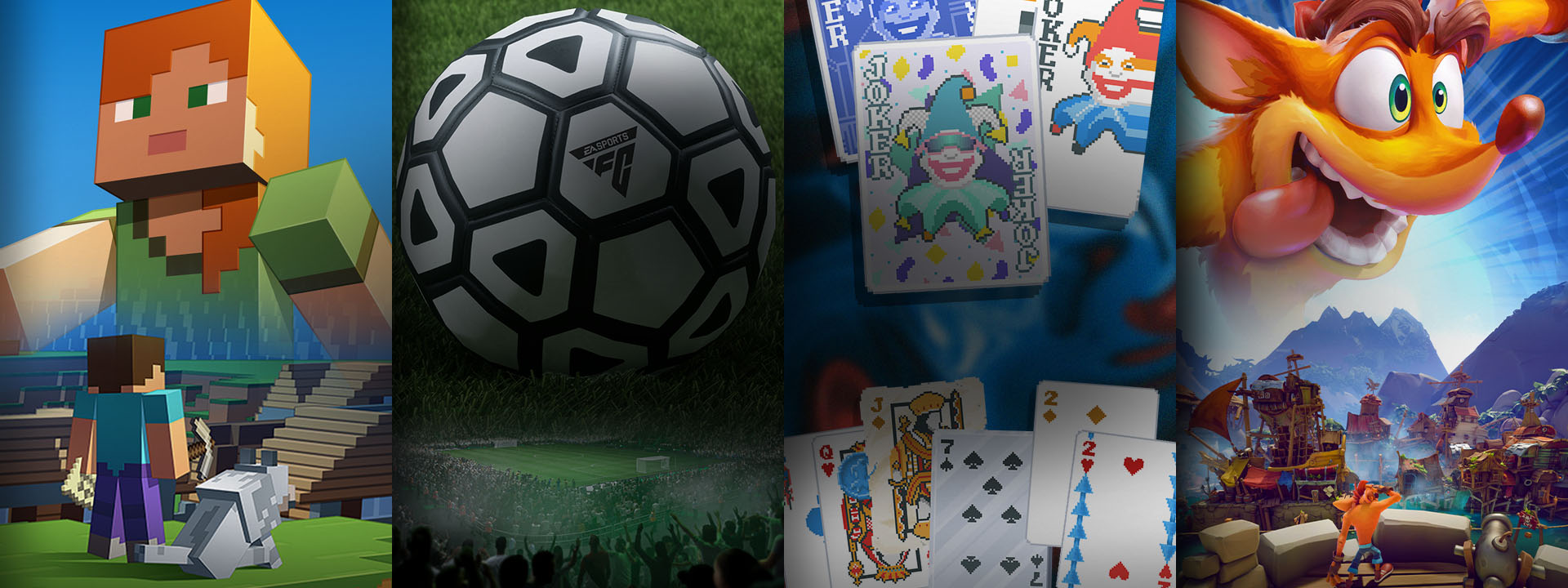 A selection of games available with Game Pass including Minecraft, EA SPORTS FC, Balatro and Crash Bandicoot 4: It's About Time