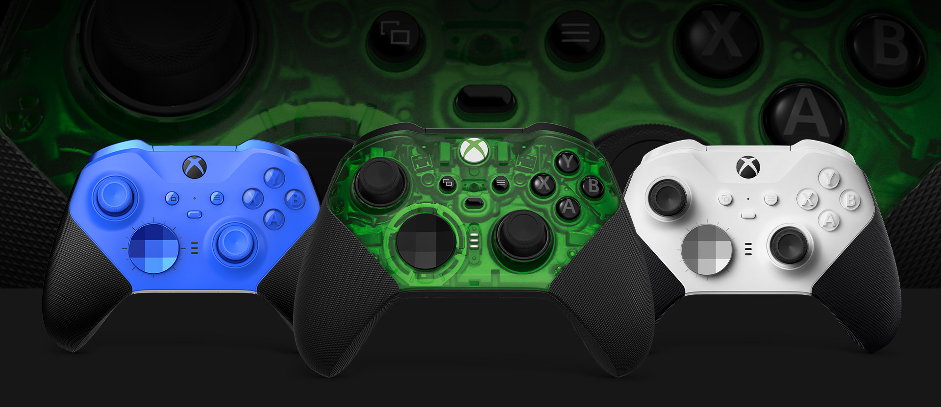 Front view of the customized Xbox Elite Wireless Controller Series 2 with other color options shown alongside. A close up of the controller thumbsticks and textured grip is in the background.