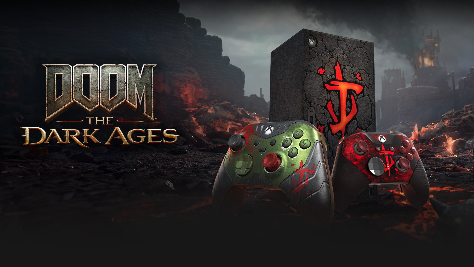 DOOM: The Dark Ages Limited Edition Collection, Xbox Wireless Controller and Xbox Series X Wrap together on a lava field in a hellscape
