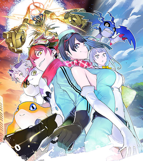 A collage of Digimon Tamers and their Digimon split between the real world and the digital world